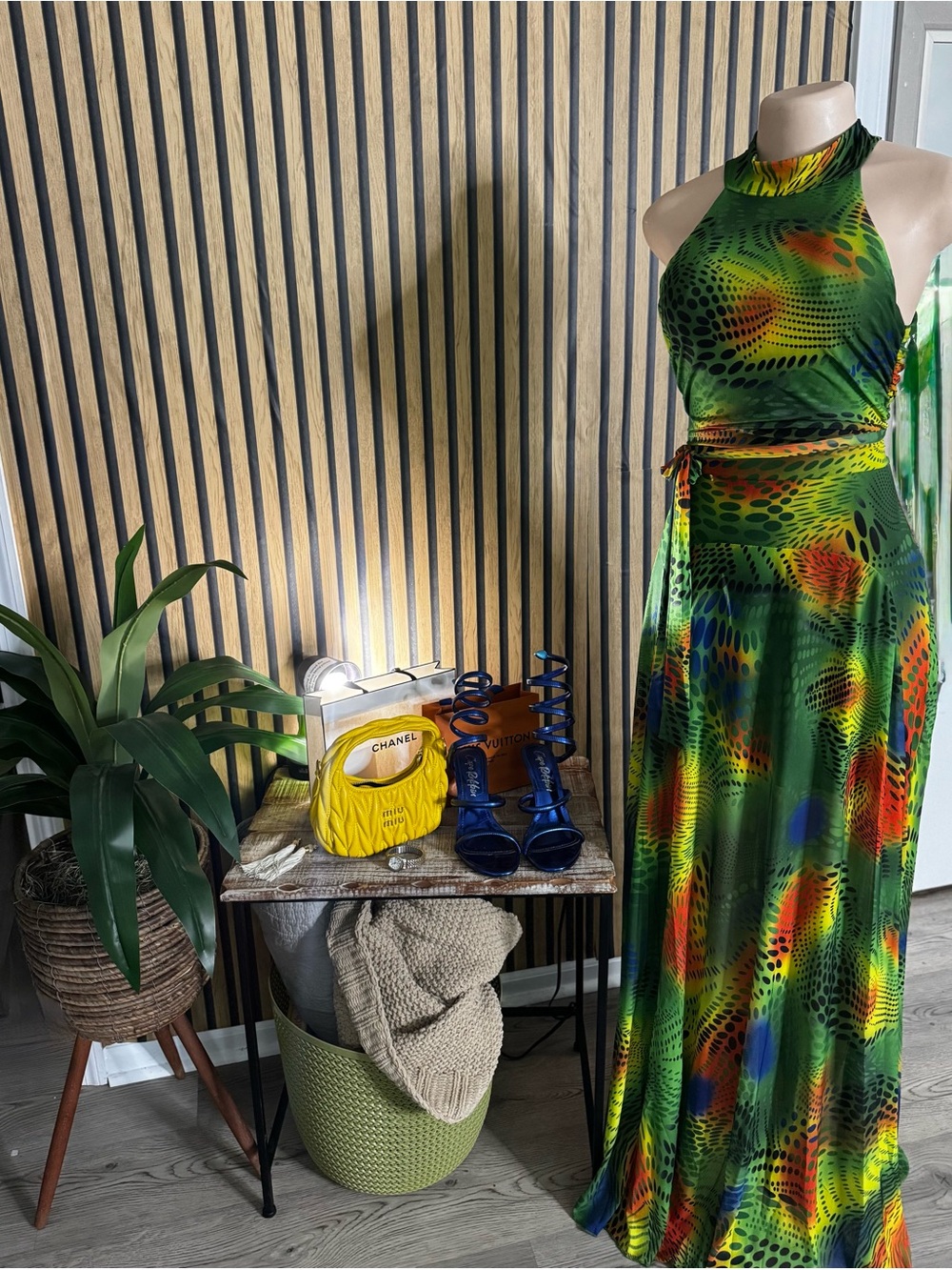 Chic Green Multicolor Halter Maxi Dress by